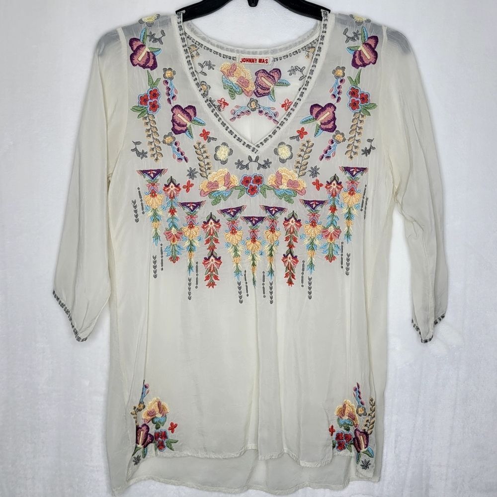 Johnny Was Nixie Embroidered V-Neck Blouse‎ Size Small